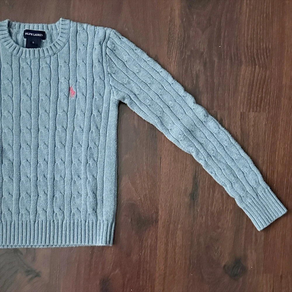 Vintage Ralph Lauren Cotton Long Sleeve Cable Knit Blue Sweater Kids Size Small